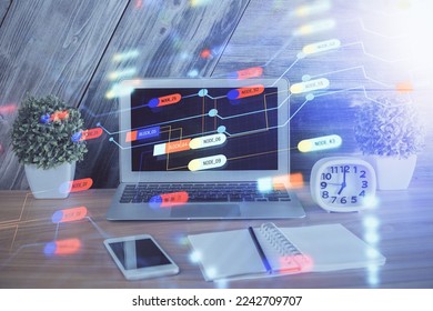 Double exposure of computer and technology theme hologram. Concept of freelance work.