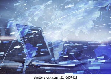 Double exposure of computer and technology theme hologram. Concept of freelance work.