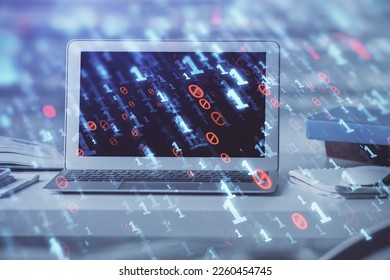 Double exposure of computer and technology theme drawing. Concept of innovation.