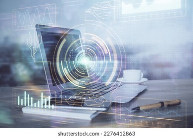 Double exposure of computer and technology theme hud. Concept of innovation.