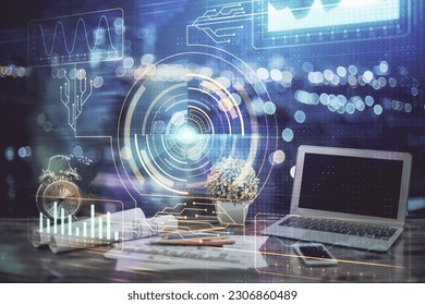 Double exposure of computer and technology theme hud. Concept of innovation.