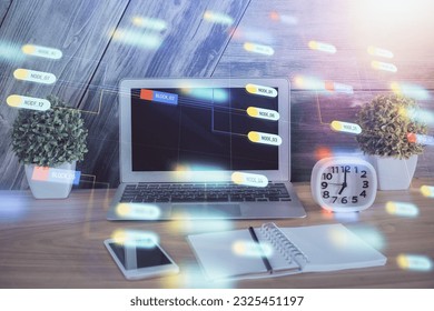 Double exposure of computer and technology theme hologram. Concept of freelance work.