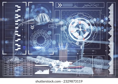 Double exposure of computer and technology theme hologram. Concept of freelance work.