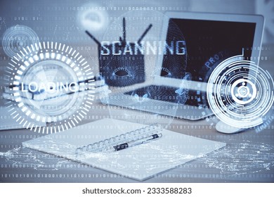Double exposure of computer and technology theme drawing. Concept of innovation.