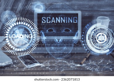 Double exposure of computer and technology theme drawing. Concept of innovation.