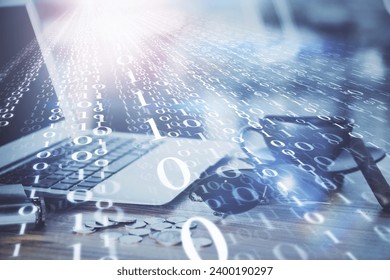 Double exposure of computer and technology theme hologram. Concept of freelance work.