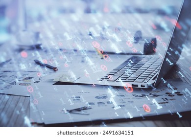 Double exposure of computer and technology theme hud. Concept of innovation.