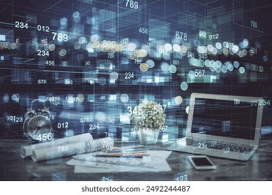 Double exposure of computer and technology theme hud. Concept of innovation.