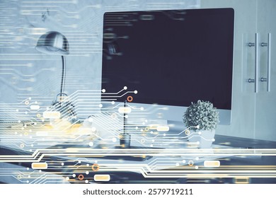 Double exposure of computer and technology theme hologram. Concept of freelance work.