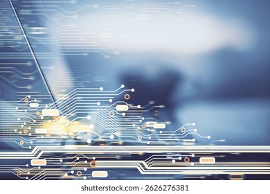 Double exposure of computer and technology theme drawing. Concept of innovation.