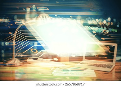 Double exposure of computer and technology theme hologram. Concept of freelance work.
