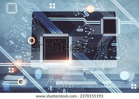 Double exposure of computer and technology theme hud. Concept of innovation.