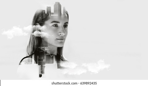 Double Exposure Concept With Business Woman, Portrait Of Attractive Woman Looking On Future, Space For Your Business Message