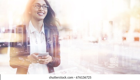 Double Exposure Concept Smiling Business Woman Wearing Black Suit And Using Modern Smartphone Near Office During Lunch Time