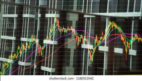 Double Exposure.   Condominium, Office Space, High Rise Building Terrace Fence And Volatility Technical Candlestick Price Chart. For Real Estate Business, Presale, Sale And Buying Demand Concept.