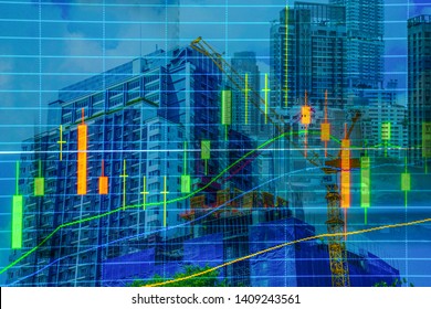 Double Exposure.   Condominium, Office Space, High Rise Building Terrace Fence And Volatility Technical Candlestick Price Chart. For Real Estate Business, Presale, Sale And Buying Demand Concept.