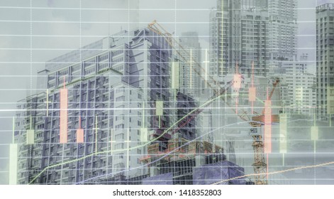 Double Exposure.   Condominium, Office Space, High Rise Building Terrace Fence And Volatility Technical Candlestick Price Chart. For Real Estate Business, Presale, Sale And Buying Demand Concept.