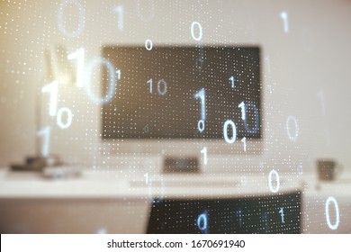 Double exposure of creative abstract binary code hologram on laptop background. Database and programming concept