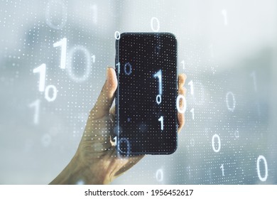 Double exposure of creative abstract binary code hologram and hand with cell phone on background. Database and programming concept - Powered by Shutterstock - Get 15% off with code: PIKWIZARD15