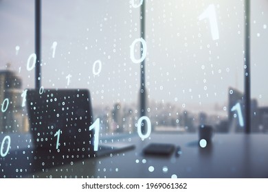 Double exposure of creative abstract binary code hologram and modern desktop with laptop on background. Database and programming concept