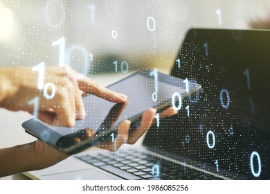 Double exposure of creative abstract binary code hologram and finger clicks on a digital tablet on background. Database and programming concept
