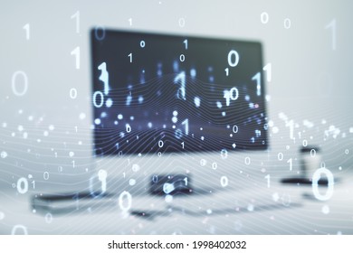 Double exposure of creative abstract binary code hologram on laptop background. Database and programming concept - Powered by Shutterstock - Get 15% off with code: PIKWIZARD15
