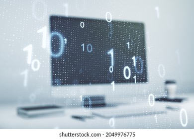 Double exposure of creative abstract binary code hologram on laptop background. Database and programming concept