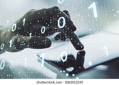 Double exposure of creative abstract binary code hologram and finger clicks on a digital tablet on background. Database and programming concept