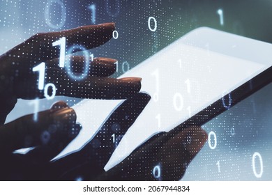Double exposure of creative abstract binary code hologram and finger clicks on a digital tablet on background. Database and programming concept