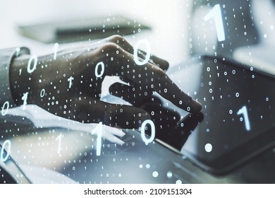 Double exposure of creative abstract binary code hologram and finger clicks on a digital tablet on background. Database and programming concept