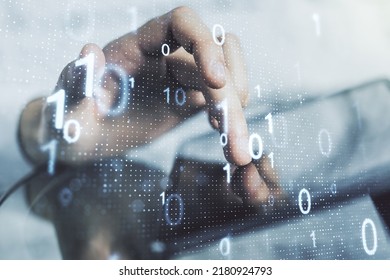 Double exposure of creative abstract binary code hologram and finger clicks on a digital tablet on background. Database and programming concept