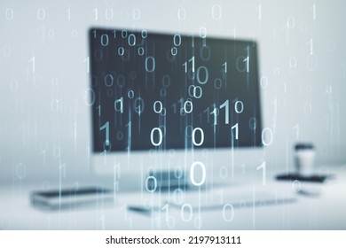 Double exposure of creative abstract binary code hologram on laptop background. Database and programming concept