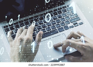 Double exposure of creative abstract binary code hologram and hands typing on laptop on background. Database and programming concept - Powered by Shutterstock - Get 15% off with code: PIKWIZARD15