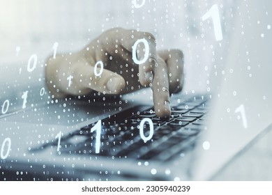 Double exposure of creative abstract binary code hologram and hands typing on laptop on background. Database and programming concept