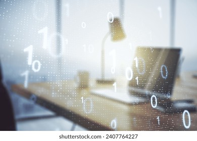 Double exposure of creative abstract binary code hologram on laptop background. Database and programming concept