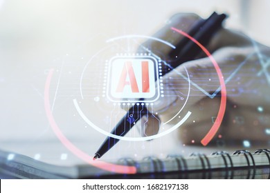 Double exposure of creative artificial Intelligence abbreviation with woman hand writing in notepad on background. Future technology and AI concept