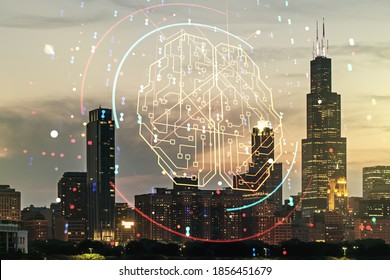 Double exposure of creative artificial Intelligence interface on Chicago city skyscrapers background. Neural networks and machine learning concept