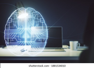 Double exposure of creative artificial Intelligence symbol with modern laptop on background. Neural networks and machine learning concept