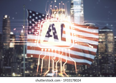 Double exposure of creative artificial Intelligence icon on USA flag and blurry cityscape background. Neural networks and machine learning concept