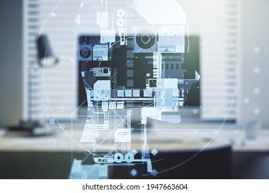 Double exposure of creative artificial Intelligence symbol with modern laptop on background. Neural networks and machine learning concept - Shutterstock ID 1947663604