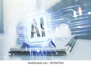 Double exposure of creative artificial Intelligence icon with man hand writing in notebook on background. Neural networks and machine learning concept - Powered by Shutterstock - Get 15% off with code: PIKWIZARD15