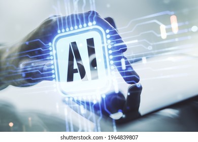Double exposure of creative artificial Intelligence icon with finger clicks on a digital tablet on background. Neural networks and machine learning concept