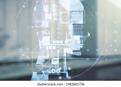 Double exposure of creative artificial Intelligence hologram on modern business center exterior background. Neural networks and machine learning concept