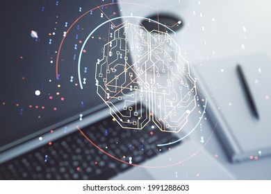 Double exposure of creative artificial Intelligence symbol with modern laptop on background. Neural networks and machine learning concept