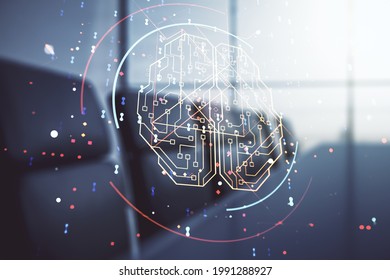 Double exposure of creative artificial Intelligence interface on a modern meeting room background. Neural networks and machine learning concept