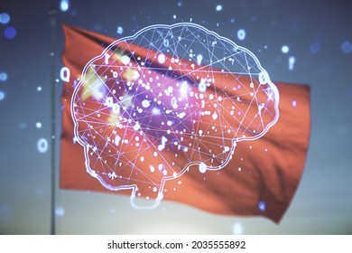 Double exposure of creative artificial Intelligence interface on Chinese flag and blue sky background. Neural networks and machine learning concept