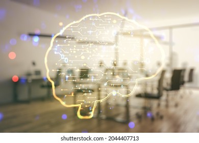 Double exposure of creative artificial Intelligence interface on modern corporate office background. Neural networks and machine learning concept - Powered by Shutterstock - Get 15% off with code: PIKWIZARD15
