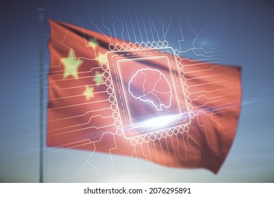 Double exposure of creative artificial Intelligence interface on Chinese flag and blue sky background. Neural networks and machine learning concept