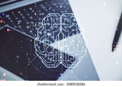 Double exposure of creative artificial Intelligence symbol with modern laptop on background. Neural networks and machine learning concept