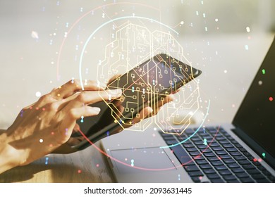 Double exposure of creative artificial Intelligence symbol with finger clicks on a digital tablet on background. Neural networks and machine learning concept